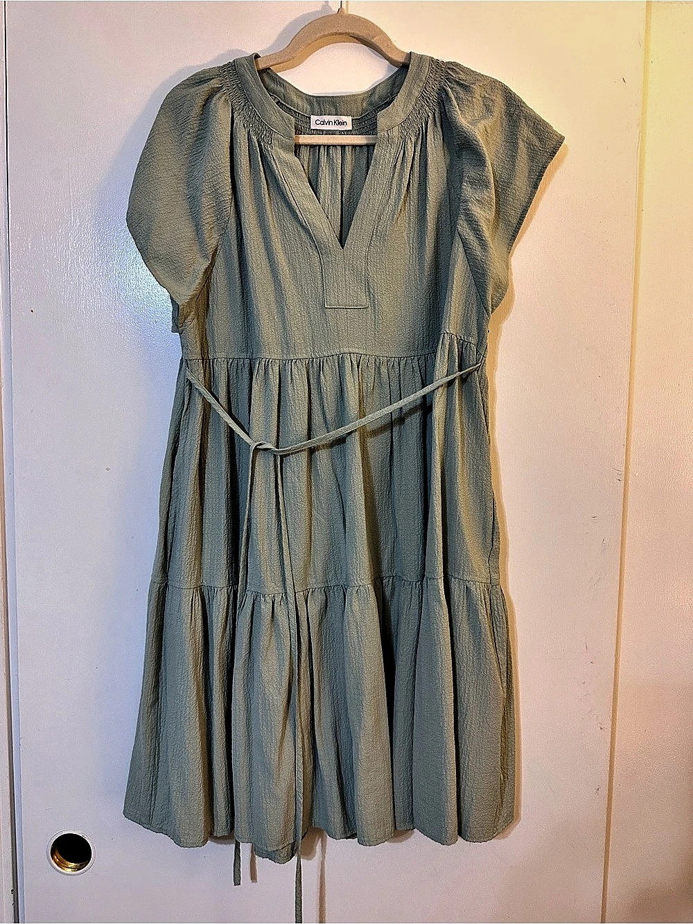 Calvin Klein Short Sleeve Textured Tiered Dress Mini Dress Green Size 8